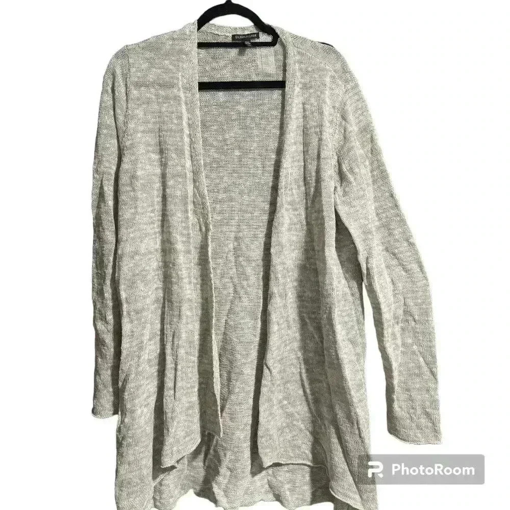 EILEEN FISHER Organic Linen Cotton Open Front Long Beige Knit‎ Cardigan Heavy